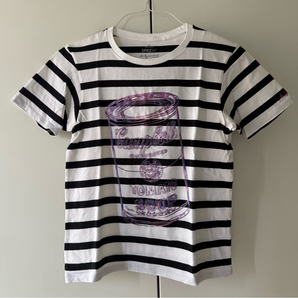 Uniqlo Blue & White Striped Tee with Andy Warhol’s Purple Campbell Can Graphic